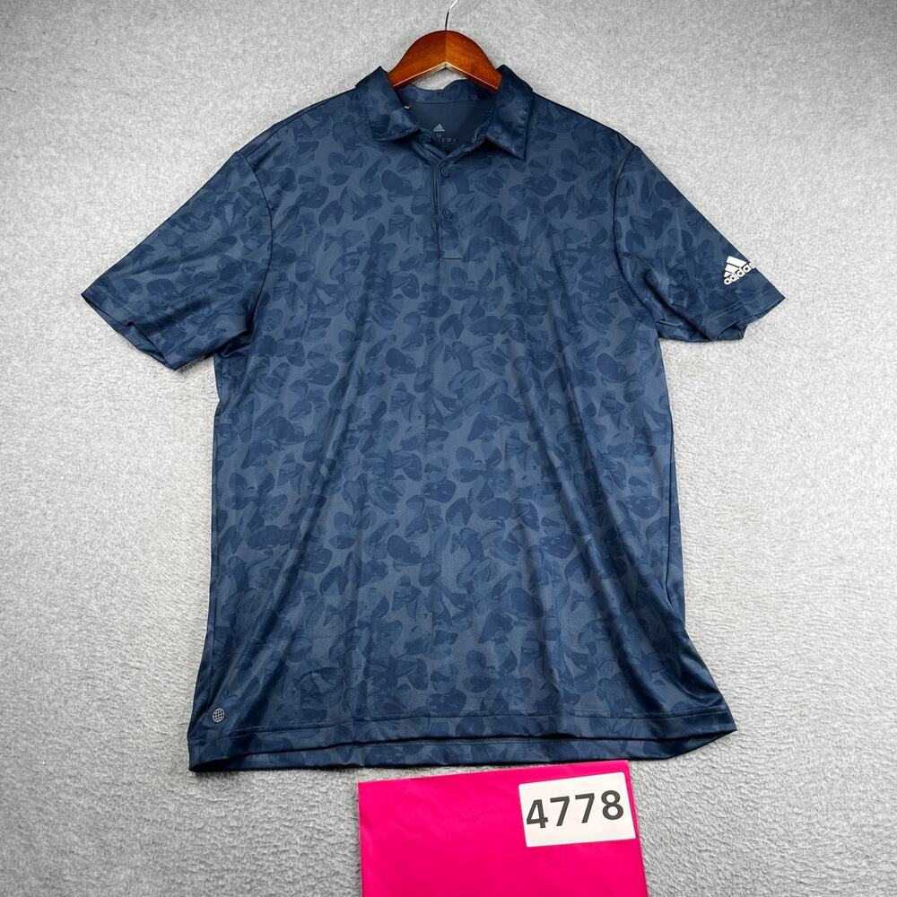 Adidas Polo Golf Shirt Navy Blue Geometric Print Stretch Casual Mens Medium